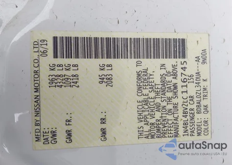 2020 Nissan Altima S z USA, uszkodzony, nr VIN 1N4BL4BV2LC116745